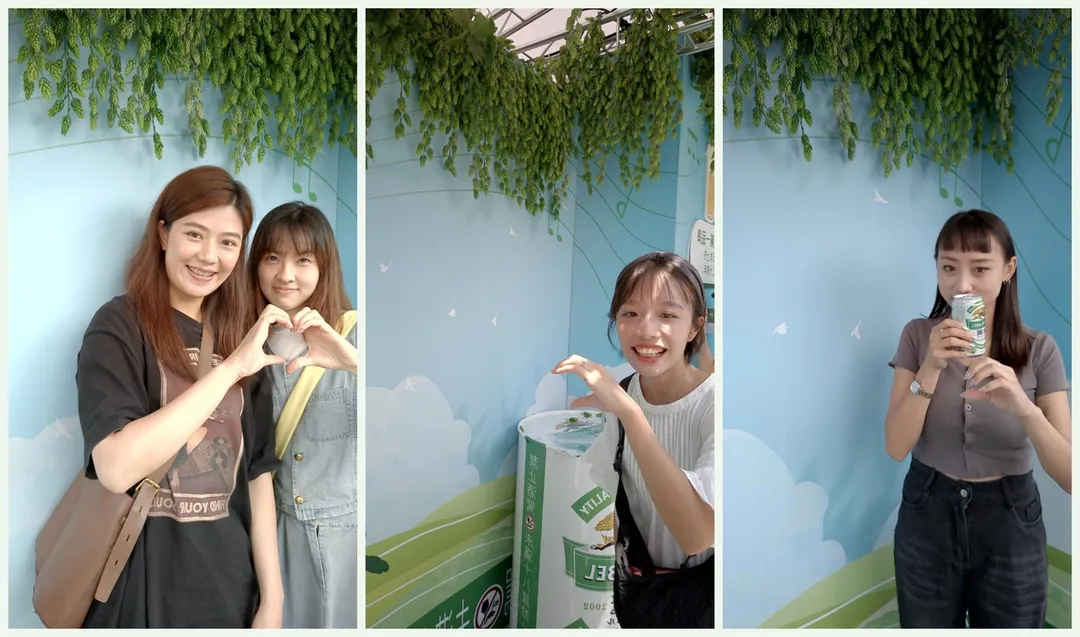 KIRIN 淡麗 GREEN LABEL 品牌快閃三連拍成品,賓客在綠葉藍天主視覺背板前比心合影